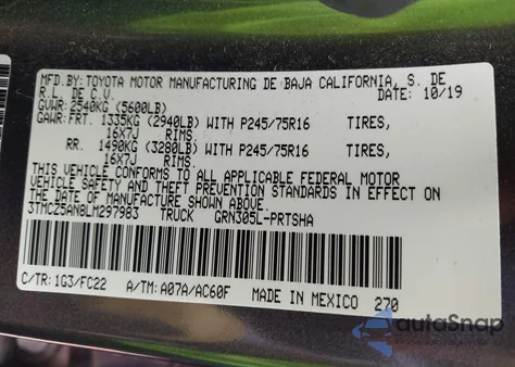 2020 Toyota Tacoma Sr5 V6 из США, поврежденный, VIN 3TMCZ5AN8LM297983